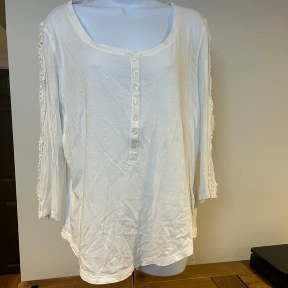 LAUREN RALPH LAUREN Jeans Sz XL White Lace 3/4 Sleeve 1/4 Button Casual Comfort - Picture 1 of 7
